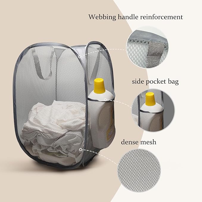 The upgraded pop-up laundry basket features a breathable side pocket mesh design - Image 2