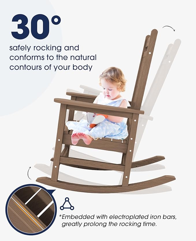 KINGYES Oversized Outdoor Rocking Chair, All-Weather Patio Rocking Chairs for Porch, HDPE Outdoor Patio Rockers with High Back & Wide Seat for Garden, Lawn, Brown - Image 5