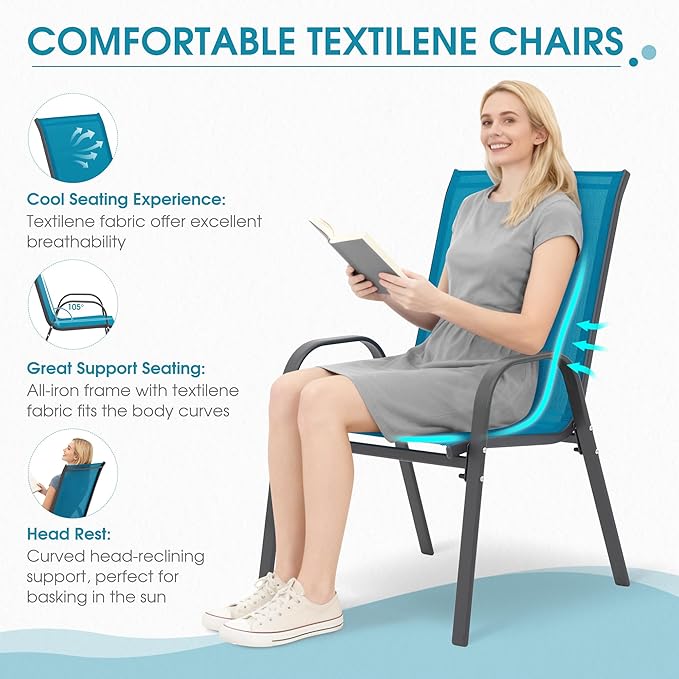 Outdoor Stackable Chairs Set of 6, Stacking Patio Chairs with Textilene Fabric, Outside Furniture for Garden Backyard Balconie Poolside Deck, Blue - Image 3