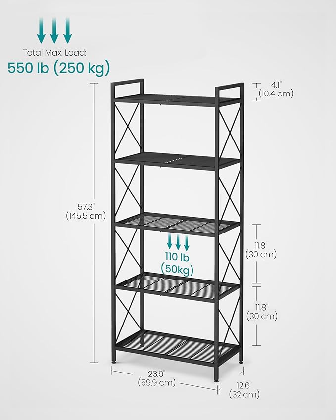 SONGMICS 5-Tier Metal Storage Rack, Shelving Unit with X Side Frames, Dense Mesh, 12.6 x 23.6 x 57.3 Inches, for Entryway, Kitchen, Living Room, Bathroom, Industrial Style, Ink Black UBSC165B01 - Image 3