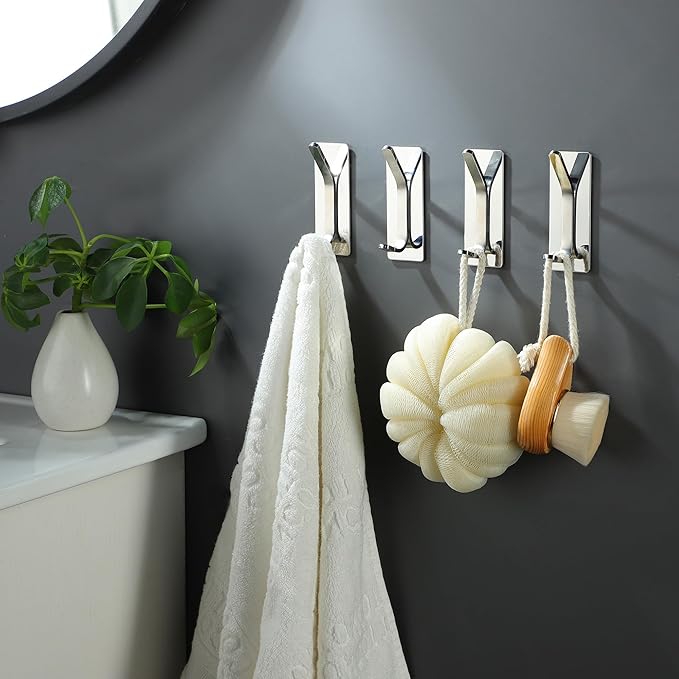 Taozun Polished Silver Towel Hooks 4pcs Stainless Steel Adhesive Hanging Hooks - Image 6