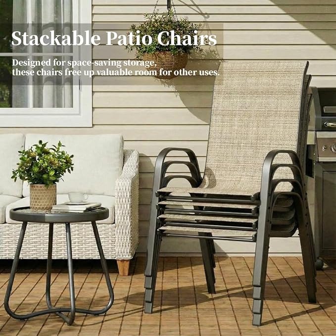 MAMIZO Patio Dining Chairs, Stackable All Weather Teslin Chair, Heavy Duty Outdoor Breathable Chairs Set, w/Armrests, Upgraded Chair FeetW/Strenthened Iron Spacers, 330 LBS (4, Brown) - Image 6