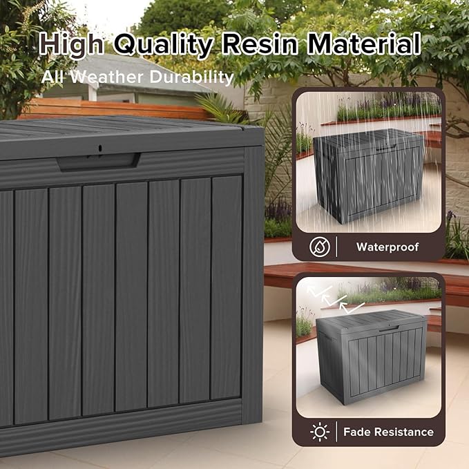 ROJIK Outdoor Storage Housing Deck Box - Waterproof Patio Furniture, Garden Tools, Cushions, Pool Accessories Storage Bench with Lockable Lid and Side Handles (Black, 45 Gal) - Image 7