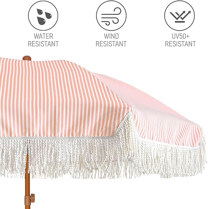 AMMSUN 7ft Patio Umbrella with Fringe Outdoor Tassel Umbrella UPF50+ Premium Steel Pole and Ribs Push Button Tilt, Pink Stripe - Image 3