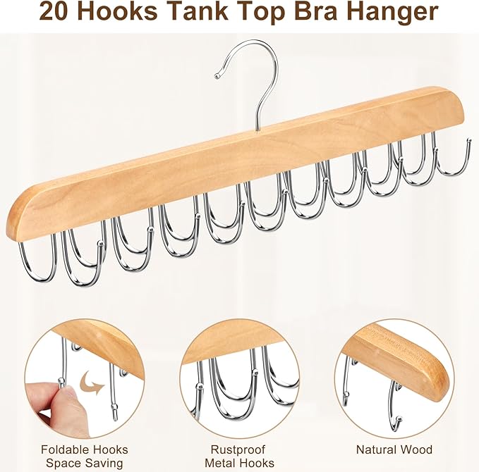 Bra Hanger for Closet, Tank Top Organizer 20 Hooks Capacity Foldable Wood Space - Image 3