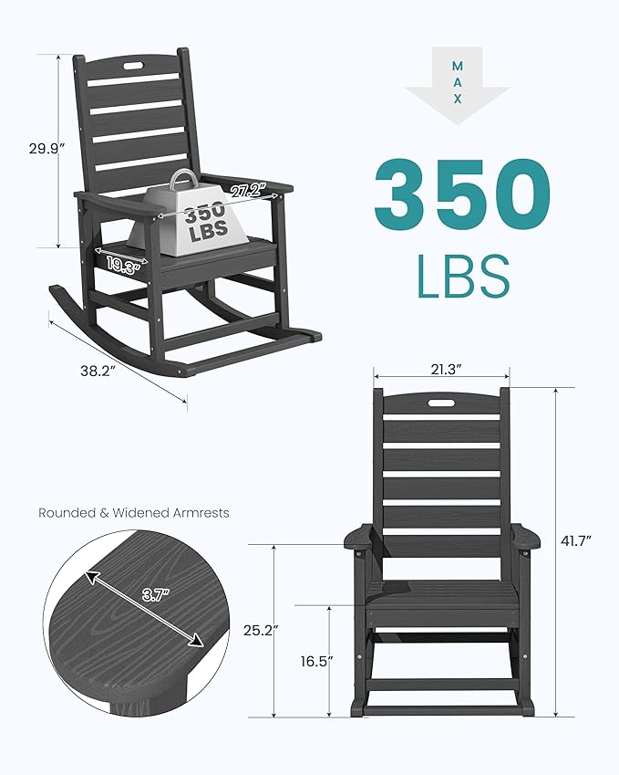 SERWALL Outdoor Rocking Chair Set of 4, Oversized HDPE Patio Rocking Chair with Footrest for Adults, All Weather Porch Rocker for Deck Patio Balcony, Gray - Image 3