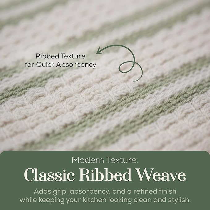 MosJos Kitchen Towels, Cotton Hand Towels, Sage Green and Cream Ribbed - Image 4