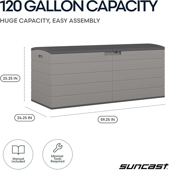 Suncast 120 Gallon Deck Box - Resin Outdoor Storage Box for Patio Cushions, Pool Accessories, & Garden Tools, Lockable Outdoor Storage Bin with Split Lid, Extra Large Dove Gray Outside Container - Image 3