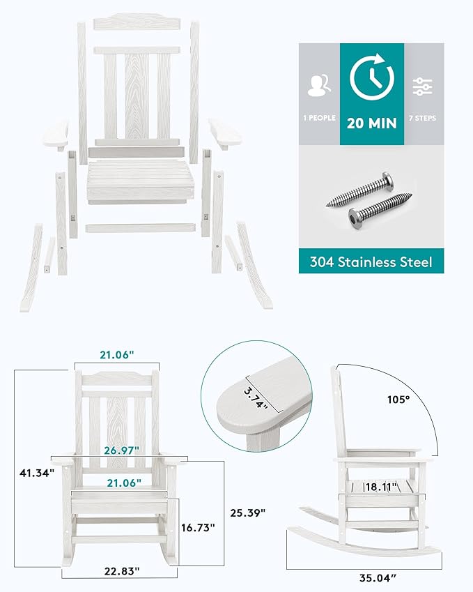 SERWALL Oversized Rocking Chair Outdoor, HDPE Outdoor Rocking Chair, White - Image 5