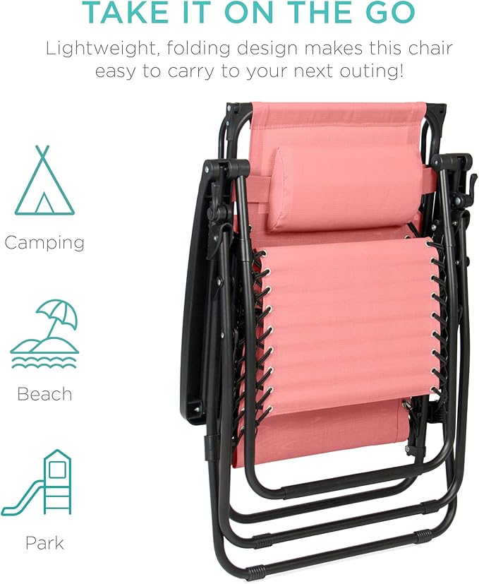 Best Choice Products Folding Zero Gravity Outdoor Recliner Patio Lounge Chair w/Adjustable Canopy Shade, Headrest, Side Accessory Tray, Textilene Mesh - Pink - Image 8