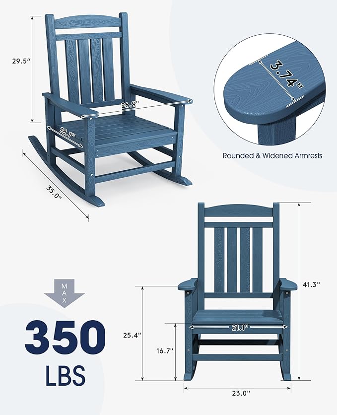 KINGYES Oversized Outdoor Rocking Chair Set of 4, High Density Polyethylene Patio Rocking Chairs with 330lbs Support for Adults, Navy - Image 3