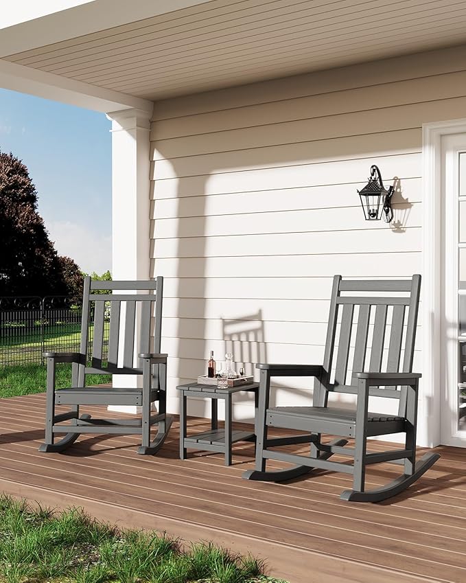 GarveeLife Poly Lumber Rocking Chair Outdoor Set of 2 with Side Table - HDPE High Back Porch Rocker Chairs for Adults - All Weather Resistant Furniture for Patio - Gray by GarveeLife