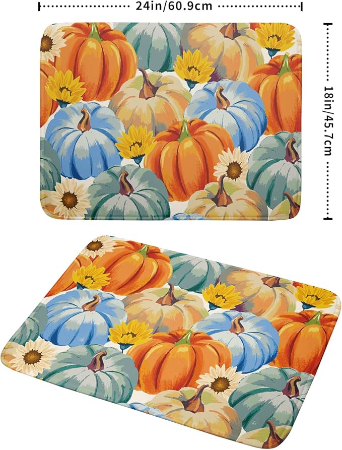Giwawa Fall Dish Drying Mat 18"x24" Watercolor Autumn Teal Blue Orange Pumpkins - Image 2