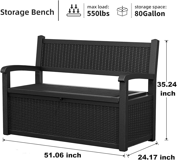 EasyUp 80 Gallon Outdoor Storage Bench Lockable Deck Box Outdoor Storage Box Waterproof for Patio,Garden,and Porch – Perfect for Storing Garden Tools and Cushions(Black) - Image 6