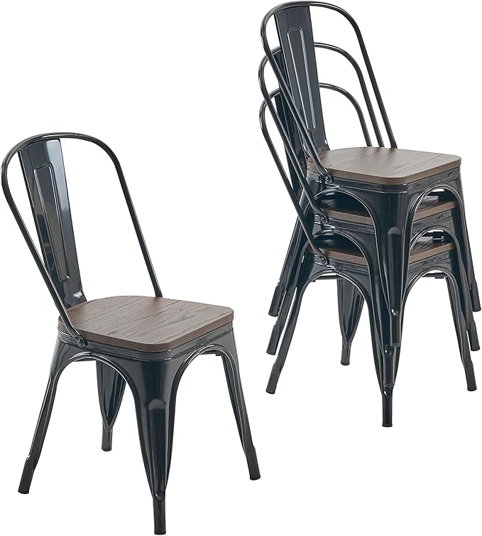 Nazhura Metal Dining Chair Farmhouse Tolix Style for Kitchen Dining Room Café Restaurant Bistro Patio, 18 Inch, Stackable, Waterproof Indoor/Outdoor (Sets of 4) (Black with Wood Padding) by NazhuraGoodCompanionAtHome