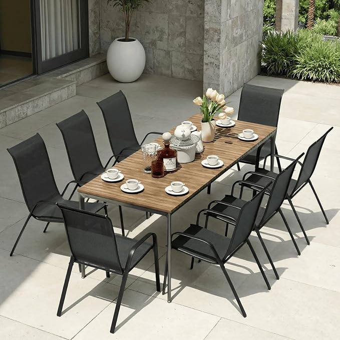 MAMIZO Patio Dining Chairs, Stackable All Weather Teslin Chair, Heavy Duty Outdoor Breathable Chairs Set, w/Armrests, Upgraded Chair FeetW/Strenthened Iron Spacers, 330 LBS (8, Black) - Image 9