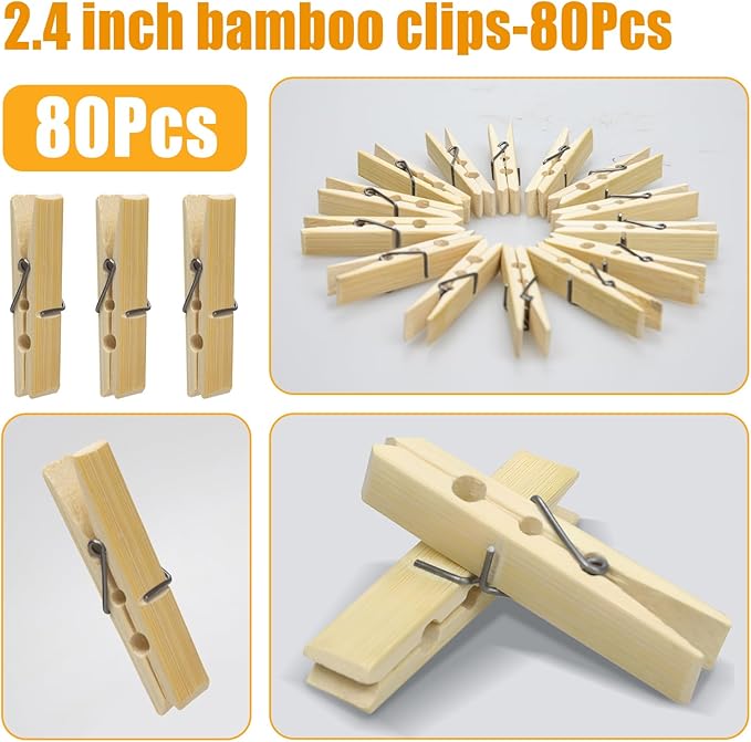 Natural Bamboo Clothespins 80-Pack Wooden Clothes Pins - Image 2
