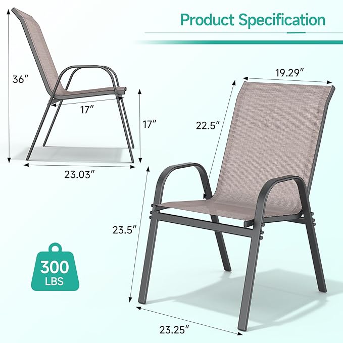 Patio Chairs Set of 2, Easily Set Up Stackable Outdoor Dining Chairs with High Back and Wide Seat, All Weather Breathable Outdoor Chairs Set of 2 with Metal Frame for Backyard Deck Pool, Brown - Image 3