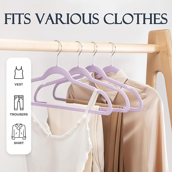 HOUSE DAY Lt-Purple Velvet Hangers 60 Pack, Non Slip Clothes Felt Hanger Heavy - Image 3