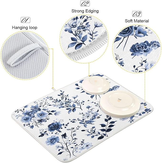 Blue White Porcelain Flower Dish Drying Mat - Image 3