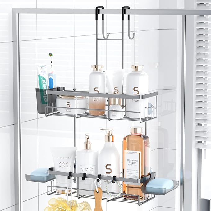 Hanging Shower Caddy Over Door: Silver Rustproof Shower Organizer over the Door by Aitatty