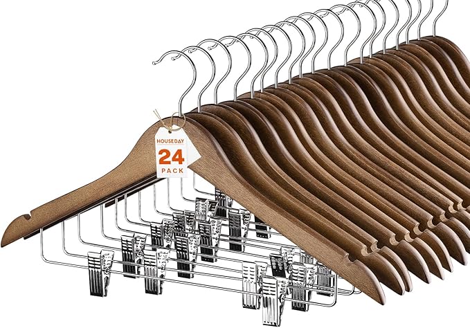HOUSE DAY Wooden Hangers with Clips 24 Pack, Heavy Duty Walnut Wood Pants Hanger by HOUSEDAY