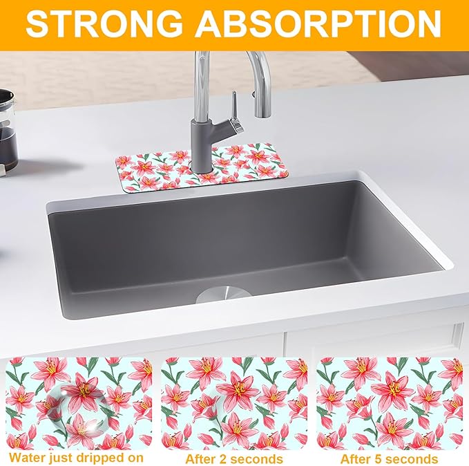 2 Pack Vintage Flowers Leaves Sink Faucet Absorbing Mat Colorful Llilies Super - Image 5