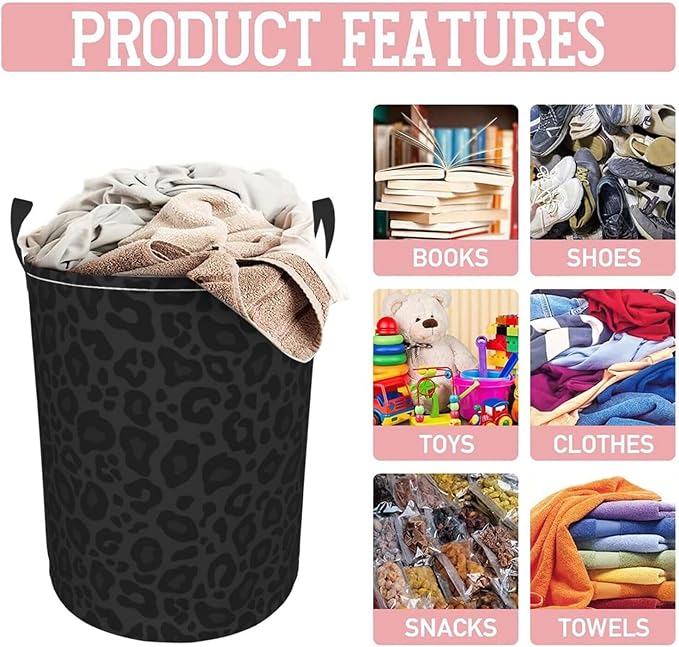 Black Leopard Print Laundry Hamper Bag - Image 8