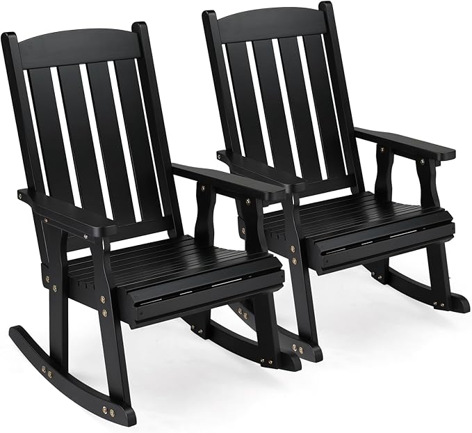 VINGLI Outdoor Rocking Chair Set of 2, Heavy Duty 600 LBS Wooden Rocking Chair with Comfortable Backrest, Weatherproof Rocker with Ergonomic Design, Suit for Patio, Garden, Yard, Black by VINGLI