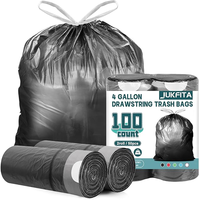 100 Count Small Trash Bags, JUKFITA 4 Gallon Trash Bags Drawstring by JUKFITA