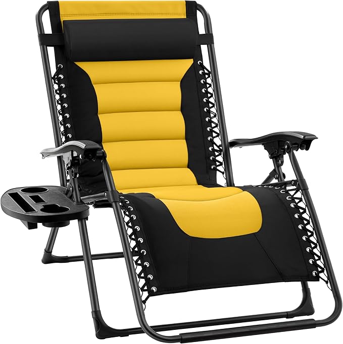 Best Choice Products Oversized Padded Zero Gravity Chair, Folding Outdoor Patio Recliner, XL Anti Gravity Lounger for Backyard w/Headrest, Cup Holder, Side Tray, Polyester Mesh - Black/Yellow by BestChoiceProducts