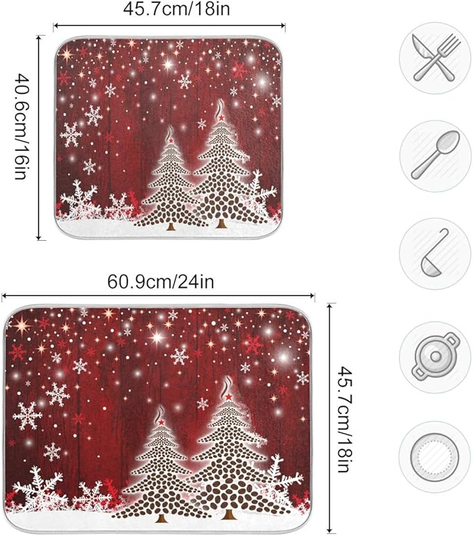 Christmas Tree Dish Drying Mat 16x18 inch Xmas New Year Snowflake Wooden Dish - Image 3