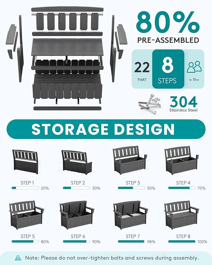 SERWALL HDPE Outdoor Storage Bench, All-Weather, UV-Resistant Deck Box with Waterproof Storage Bags, 57 Gallon Dual-Use Seat & Organizer Deck Boxes for Patio, Garden Tools & Pool (Gray) - Image 7