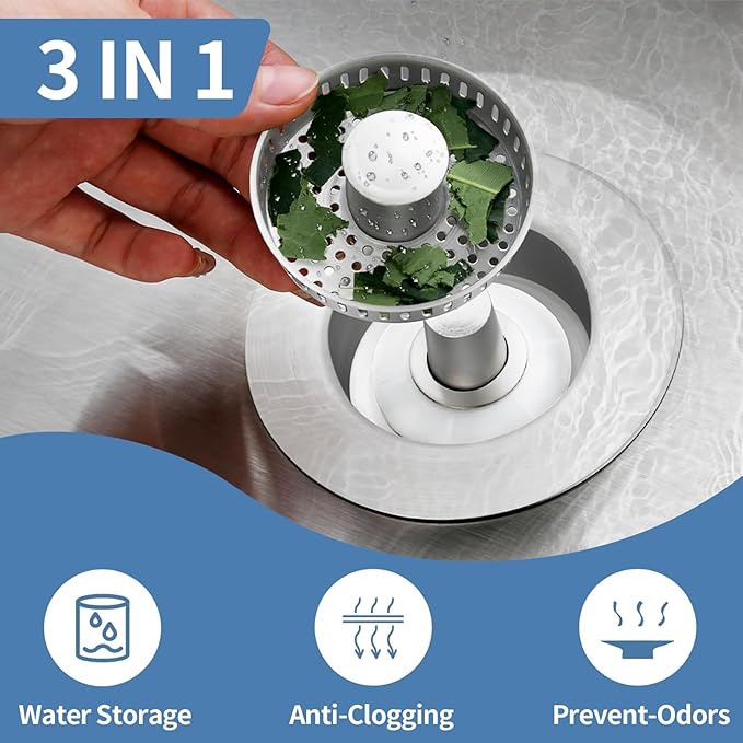 Kitchen Sink Drain Strainer, Stainless Steel 3-in-1 Pop-up Sink Stopper - Image 4