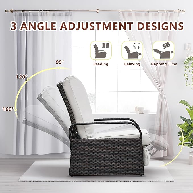 ART TO REAL Outdoor Recliner, Automatic Adjustable Wicker Lounge Recliner Chair with 5.12'' Thicken Cushion, All Weather Aluminum Frame, Brown Wicker + Beige Cushion - Image 3