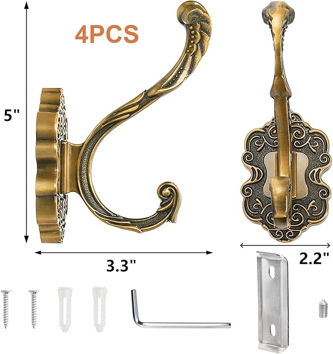 Peohud 4 Pack Vintage Coat Hooks, Antique Brass Wall Hook - Image 2