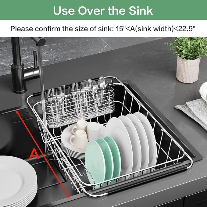 Large Dish Drainer Rack in Sink Adjustable, Expandable 304 Stainless Steel - Image 3