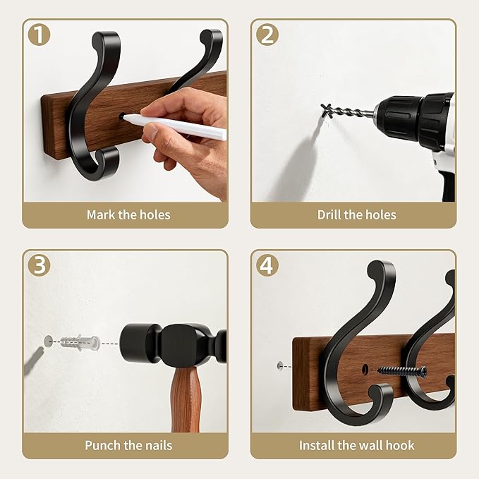 Solid Wood Wall Mounted Coat Rack, Heavy Duty 5 Hook Wooden Hanger - Image 8