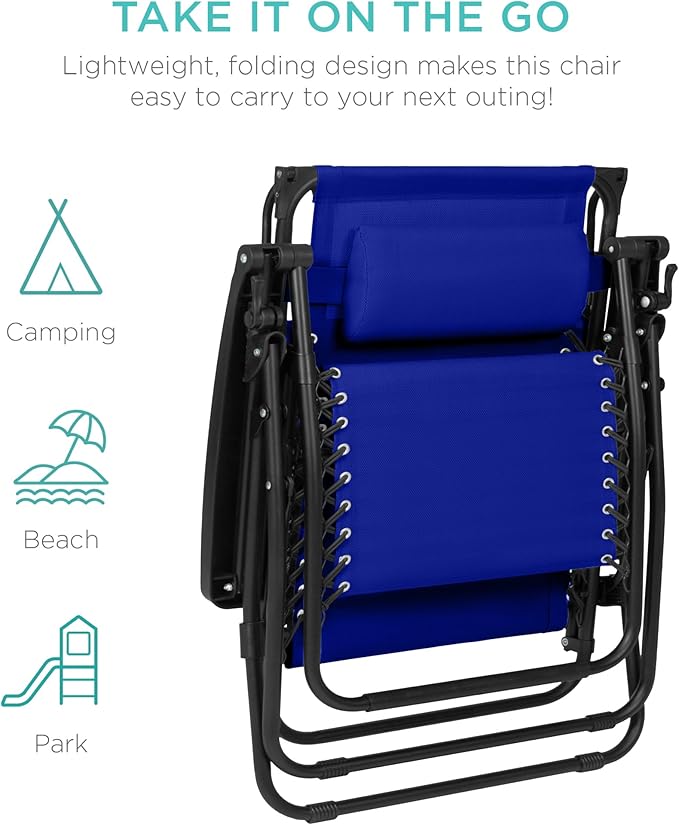 Best Choice Products 30” Wide Folding Zero Gravity Outdoor Recliner Patio Lounge Chair w/Adjustable Canopy Shade, Headrest, Side Accessory Tray - Cobalt Blue - Image 9