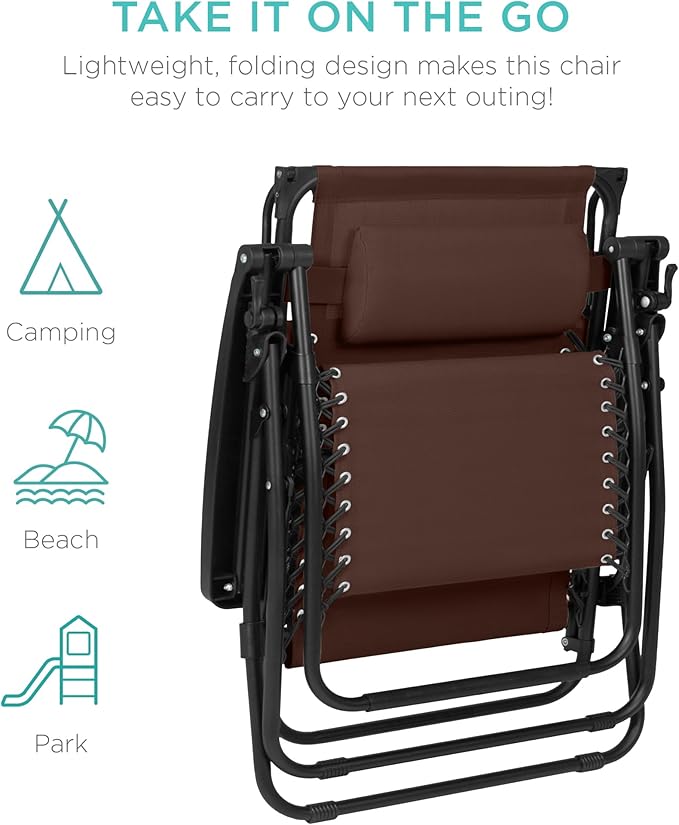 Best Choice Products 30” Wide Folding Zero Gravity Outdoor Recliner Patio Lounge Chair w/Adjustable Canopy Shade, Headrest, Side Accessory Tray - Brown - Image 9