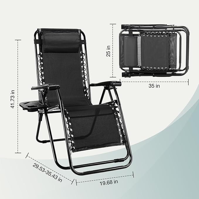 NEWBULIG Zero Gravity Chair Set of 4, Lounge Chair Folding Portable Adjustable Camping Reclining Chairs with Adjustable Pollow, Mesh Back, Cup Holder Trays Lawn Patio Chair for Pool Beach - Black - Image 2