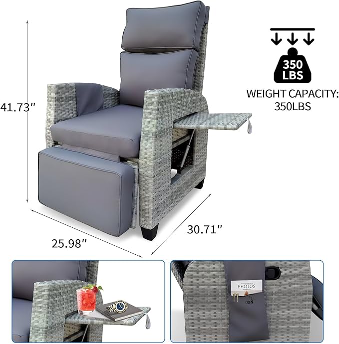 Wicker Outdoor Recliner | 145° Wicker Patio Reclining Chair with 4" Cushion | Air Pump Adjustable Backrest & Footrest, Flip-up Table & Side Pocket for Yard Patio Porch (Gray) - Image 2