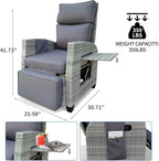 Wicker Outdoor Recliner | 145° Wicker Patio Reclining Chair with 4" Cushion | Air Pump Adjustable Backrest & Footrest, Flip-up Table & Side Pocket for Yard Patio Porch (Gray) - Image 2