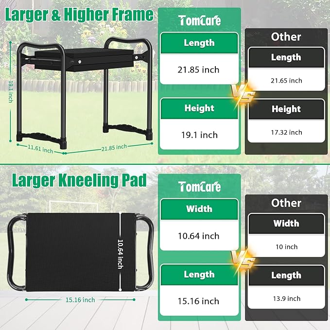 TomCare Garden Kneeler and Seat 10.64” Wider Larger Soft Kneeling Pad Garden Bench with 2 Large Tool Pouches Heavy Duty Garden Stool Foldable Tools Gardening Gifts for Women Men Gardeners,Black - Image 3