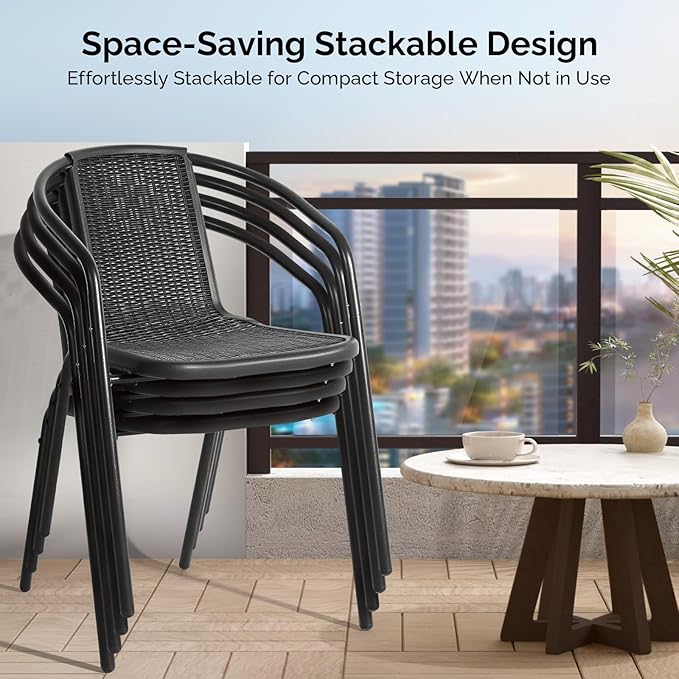 VINGLI PE Rattan Outdoor Dining Chairs Set of 4, Plastic Stackable Patio Chairs for Indoor, Porch, Restaurant, Garden, Black - Image 4