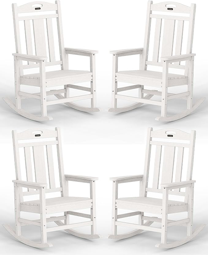 Ciokea Oversized Outdoor Rocking Chairs Set of 4, 380lbs Heavy-Duty Large Patio Rocker, High Back Cozy Porch Chairs, Weather Resistant Patio Rocking Chairs for Outside, Fire Pit, Deck, White by CIOKEA