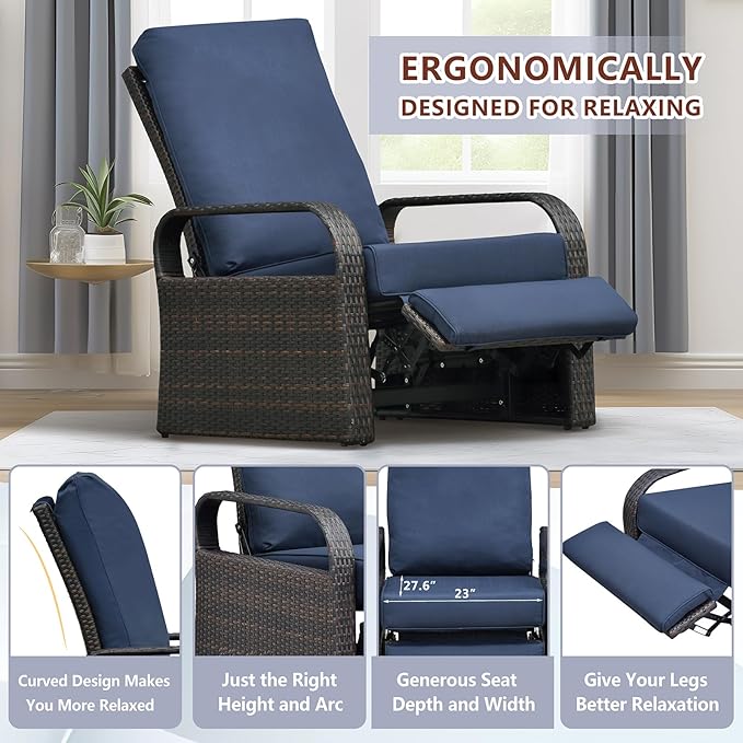 Art to Real Outdoor Wicker Recliner Chair with 5.5'' Cushions, Automatic Adjustable Patio Lounge Chairs, Aluminum Frame Reclining Chair for Lawn Backyard Porch Poolside Deck(Navy Blue) - Image 6