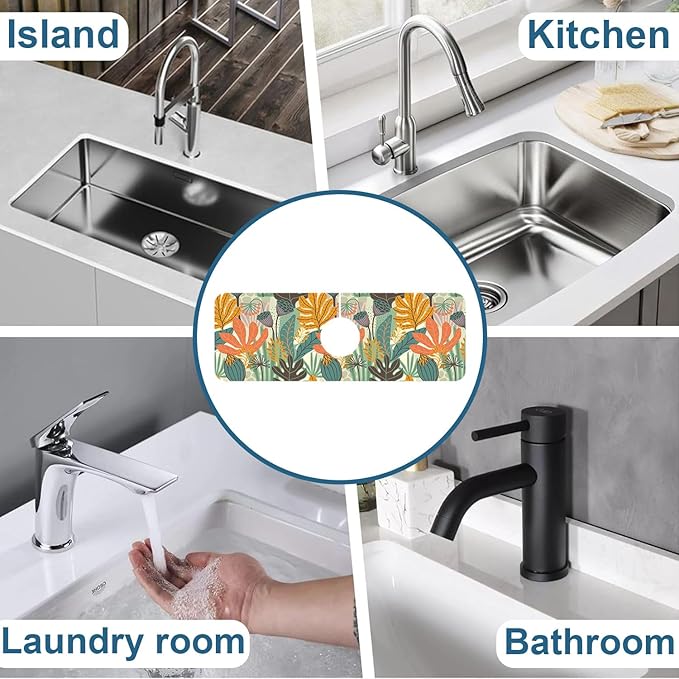 Abstract Leaves Sink Faucet Absorbing Mat Boho Leaves Super Absorbent Fast - Image 7