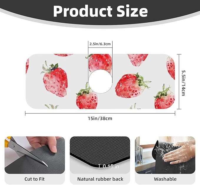 Faucet Draining Mat For Kitchen Sink, Watercolor Strawberries Diatom Mud - Image 2