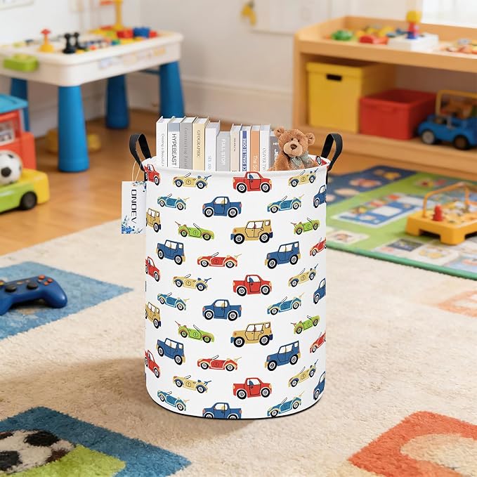 Round Foldable Kids' Racing Cars Laundry Hamper Boys Gift Basket Vehicles - Image 4